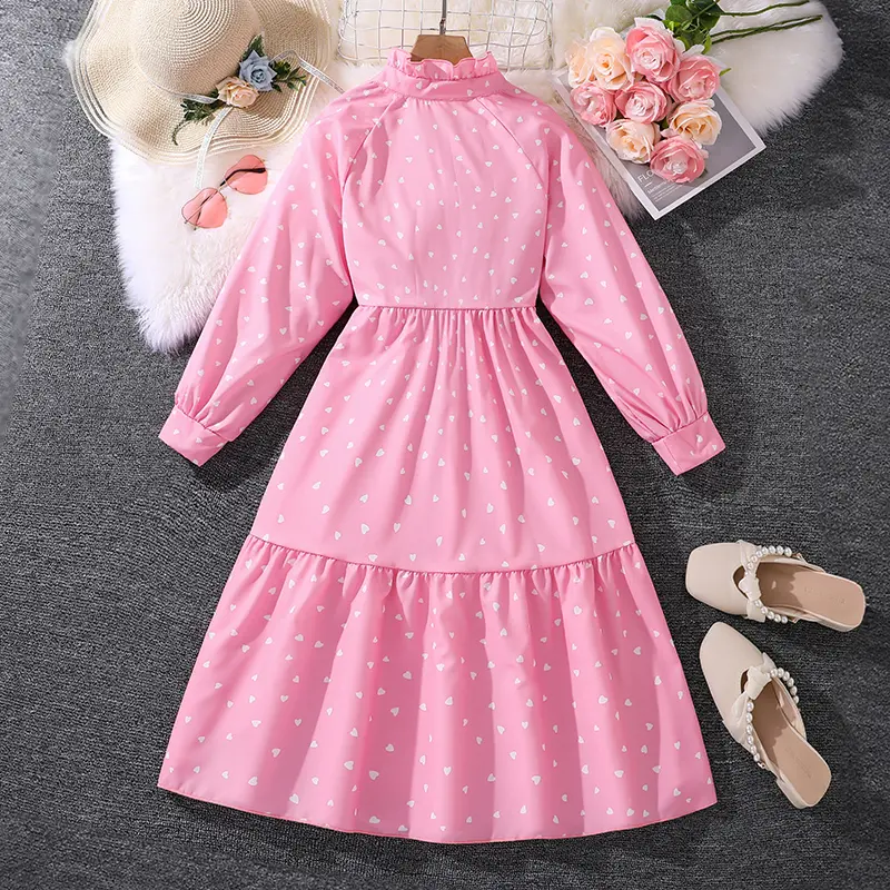 Kids Dress For Girls Pink Polka Dot Long-Sleeved Summer Girls Dress Casual Princess Dress Elegant Vacation Holiday Party Clothes