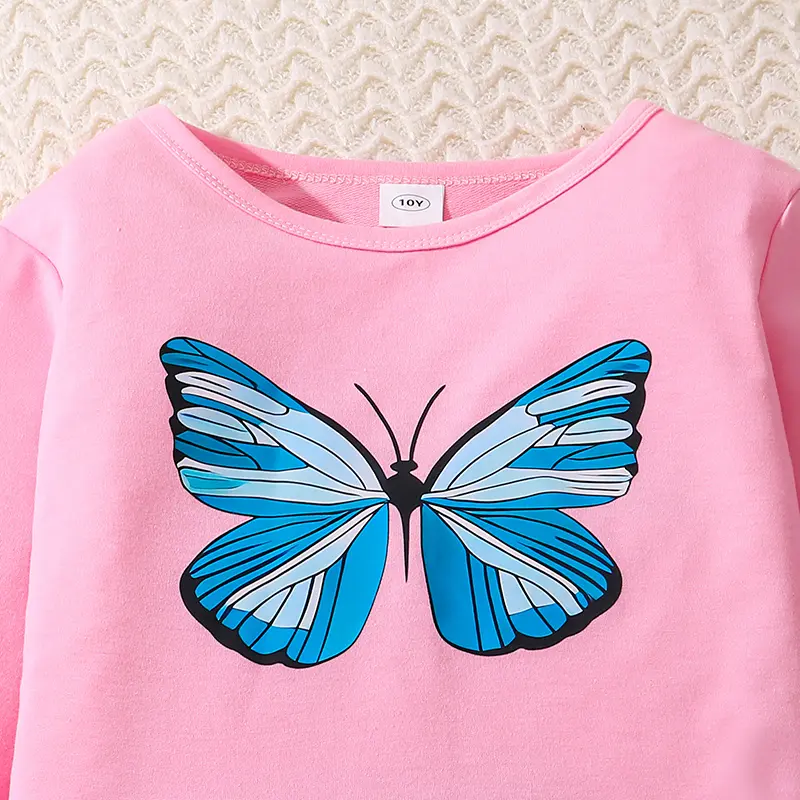 Children's Fashion Korean Style Suits For Girls Spring Autumn Casual Clothes Sets Pink Butterfly Long Sleeve Top And Blue Jeans