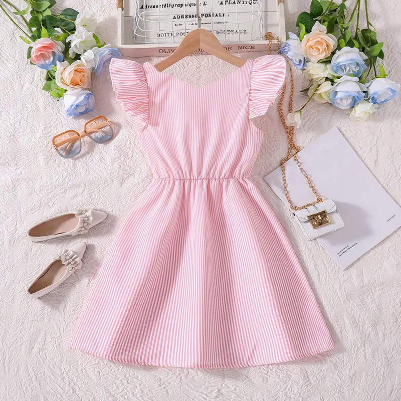 Kids Dress For Baby Girls Pink Striped V-Neck Sleeveless Dress Fashionable Versatile Sweet Style Beach Dress Cute Princess Dress