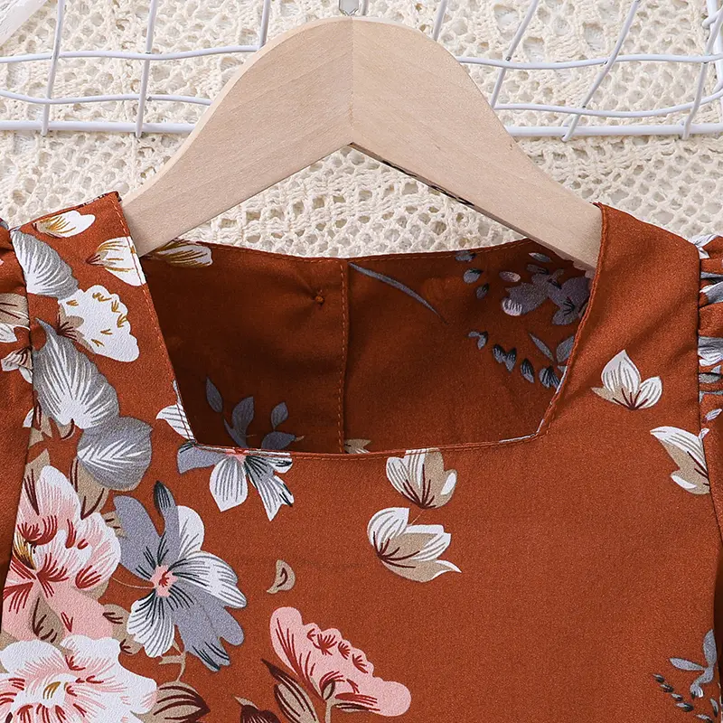 Summer Dress For Little Girls Brick-red Square Collar Print Dress Pastoral Style Daily Holiday Clothes For 4-7 Years Children