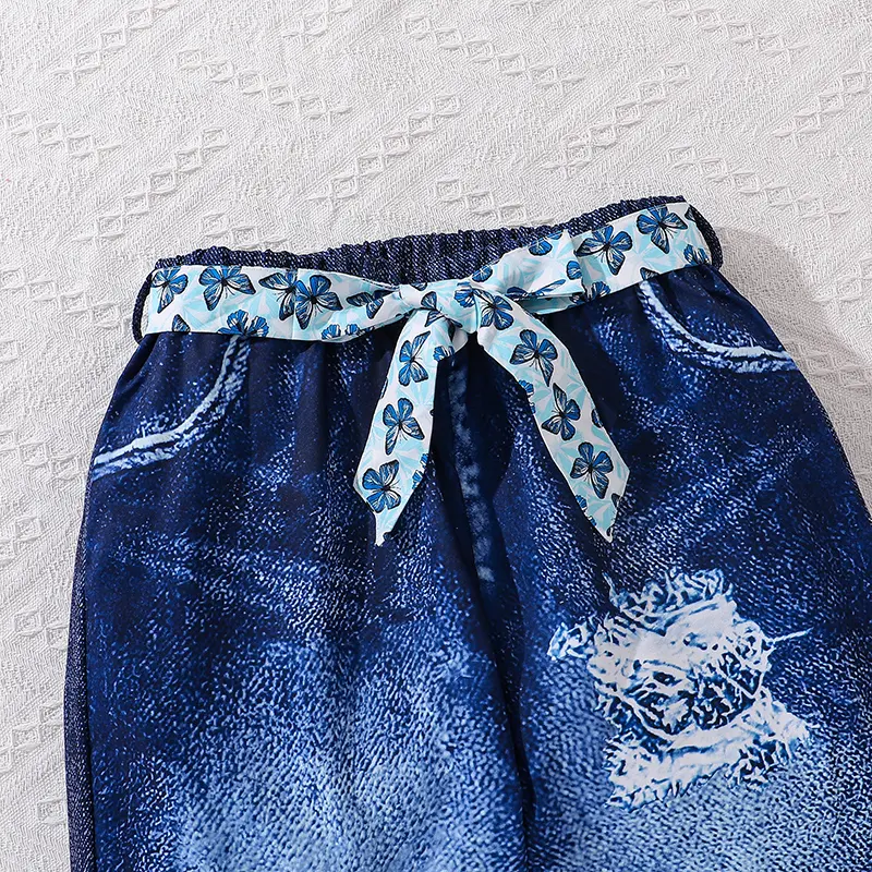 Children's Fashion Korean Style Suits For Girls Spring Autumn Casual Clothes Sets Pink Butterfly Long Sleeve Top And Blue Jeans