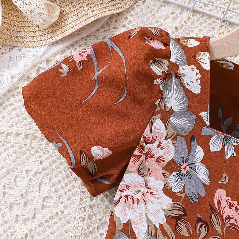 Summer Dress For Little Girls Brick-red Square Collar Print Dress Pastoral Style Daily Holiday Clothes For 4-7 Years Children