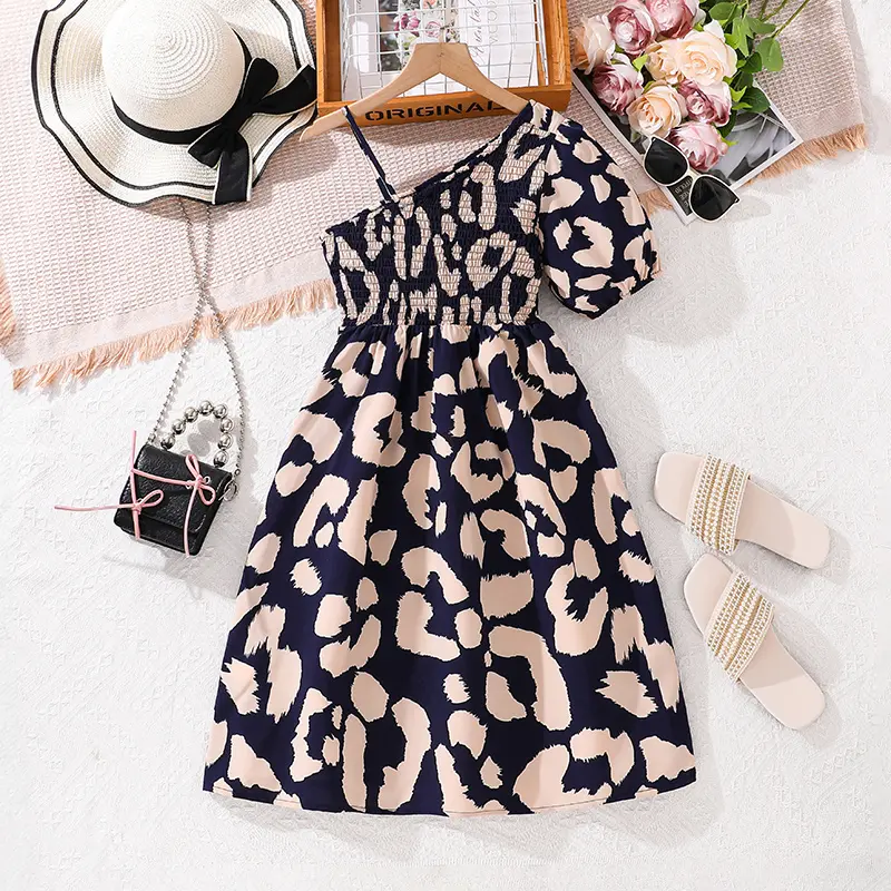 Kids Dress For Girls Navy Blue Pattern Half-strap Short-sleeved New Design Dress Resort Style Beach Dress And Cute Daily Clothes