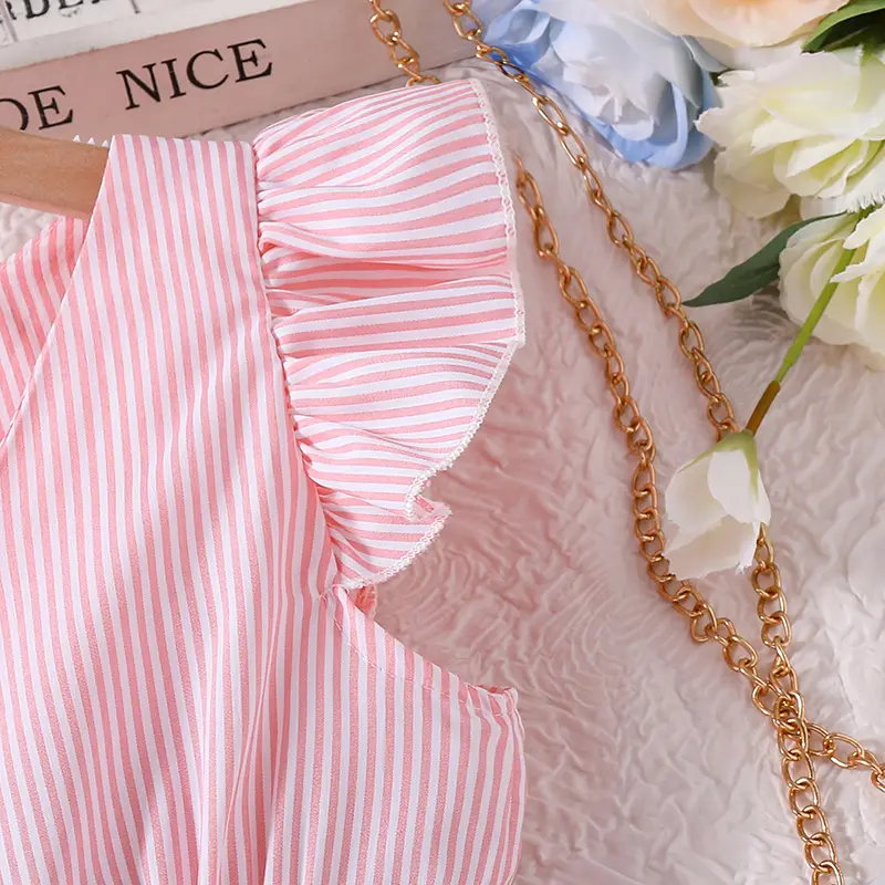 Kids Dress For Baby Girls Pink Striped V-Neck Sleeveless Dress Fashionable Versatile Sweet Style Beach Dress Cute Princess Dress