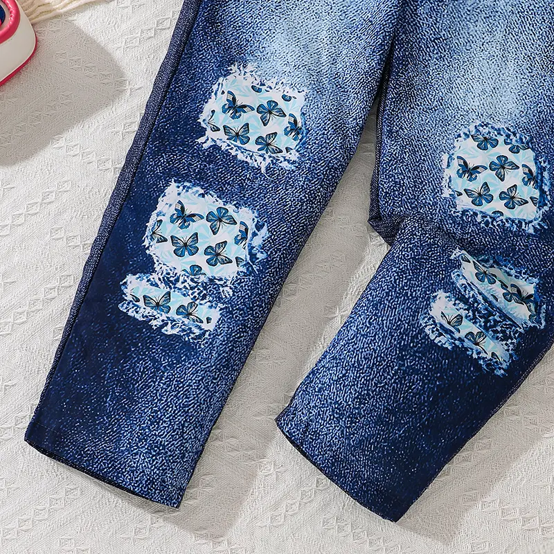 Children's Fashion Korean Style Suits For Girls Spring Autumn Casual Clothes Sets Pink Butterfly Long Sleeve Top And Blue Jeans