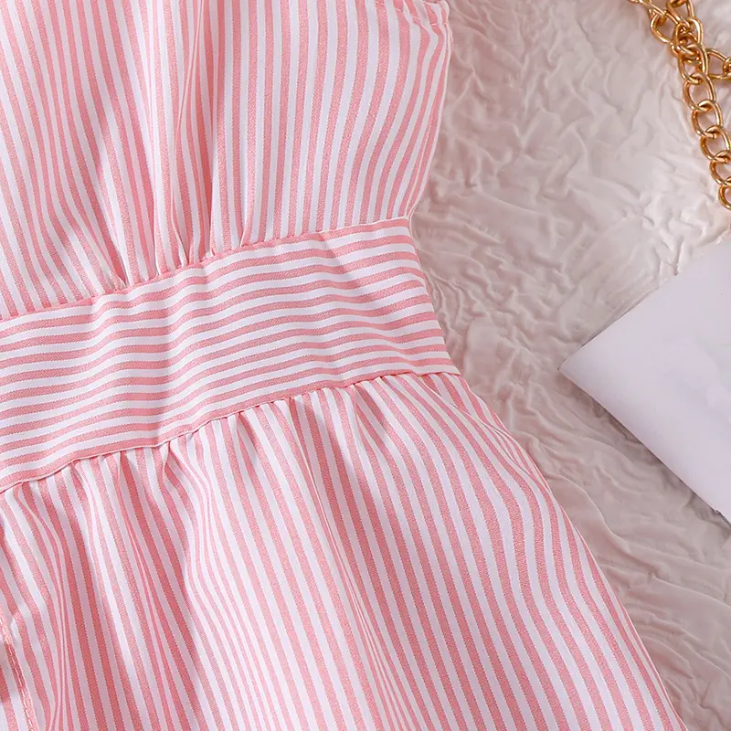 Kids Dress For Baby Girls Pink Striped V-Neck Sleeveless Dress Fashionable Versatile Sweet Style Beach Dress Cute Princess Dress