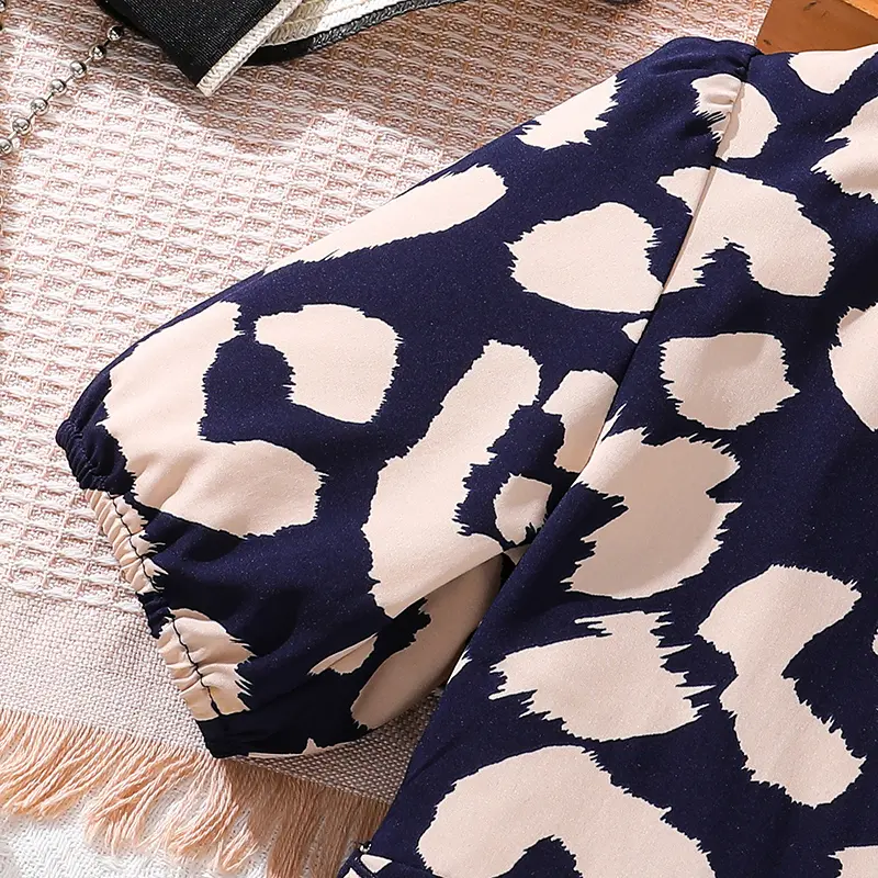 Kids Dress For Girls Navy Blue Pattern Half-strap Short-sleeved New Design Dress Resort Style Beach Dress And Cute Daily Clothes
