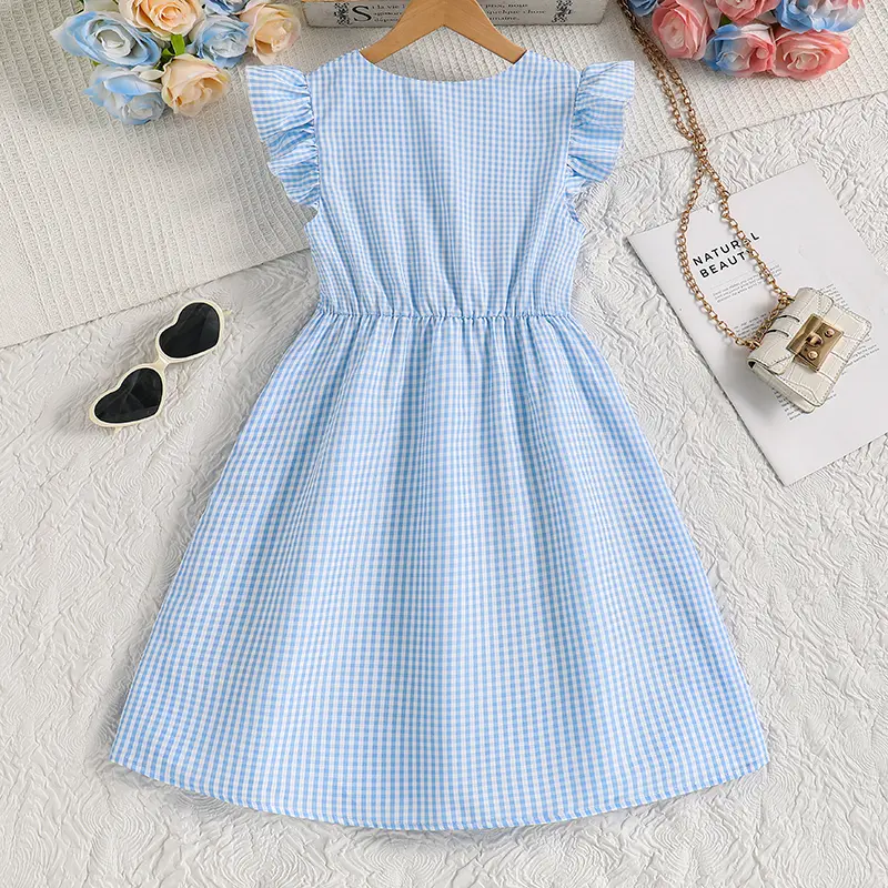 Plaid Dress For Kids Girls Light Blue V-neck Wing-Sleeve Button-Trim Knee-Length Gingham Dress Adorable Kids Clothes Modest Gown