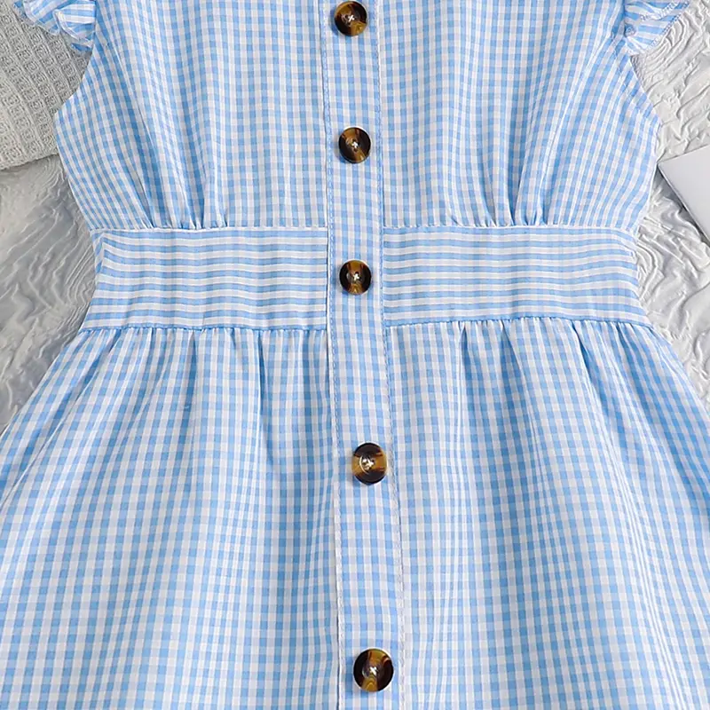 Plaid Dress For Kids Girls Light Blue V-neck Wing-Sleeve Button-Trim Knee-Length Gingham Dress Adorable Kids Clothes Modest Gown