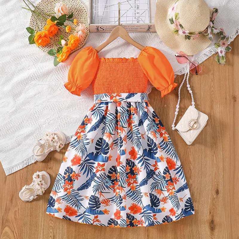 New Summer Fashion Orange Short Sleeve Top & Printed Skirt For Girls Floral Printed Stylish Vacation Party Dress Daily Casual