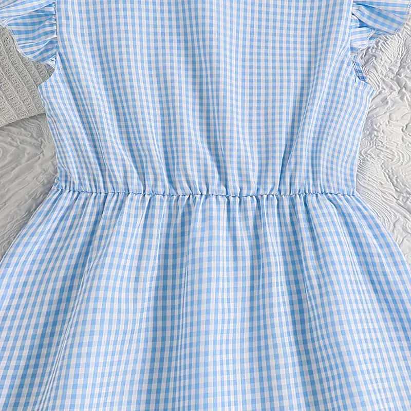 Plaid Dress For Kids Girls Light Blue V-neck Wing-Sleeve Button-Trim Knee-Length Gingham Dress Adorable Kids Clothes Modest Gown