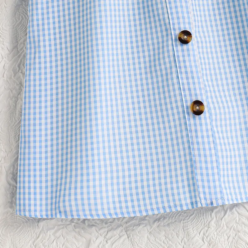 Plaid Dress For Kids Girls Light Blue V-neck Wing-Sleeve Button-Trim Knee-Length Gingham Dress Adorable Kids Clothes Modest Gown