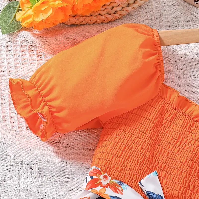 New Summer Fashion Orange Short Sleeve Top & Printed Skirt For Girls Floral Printed Stylish Vacation Party Dress Daily Casual