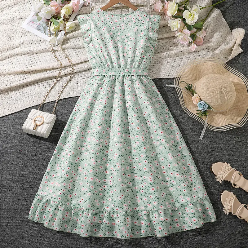 Light Green Ditsy V-Neck Belted Irregular-Hem A-line Dress Trendy Girls Dress Summer Stylish Party Dress Festival Outgoing Dress