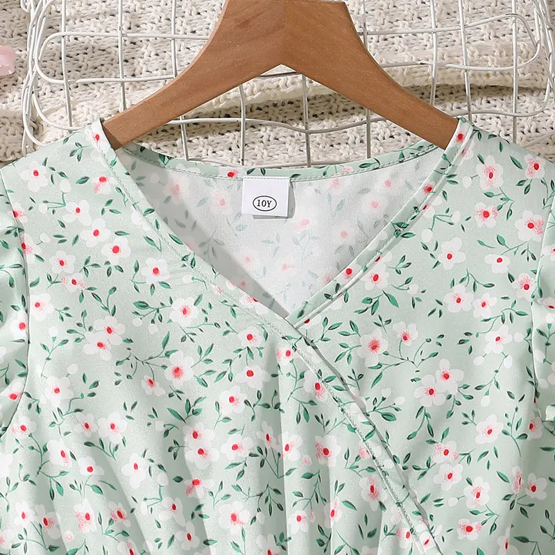 Light Green Ditsy V-Neck Belted Irregular-Hem A-line Dress Trendy Girls Dress Summer Stylish Party Dress Festival Outgoing Dress
