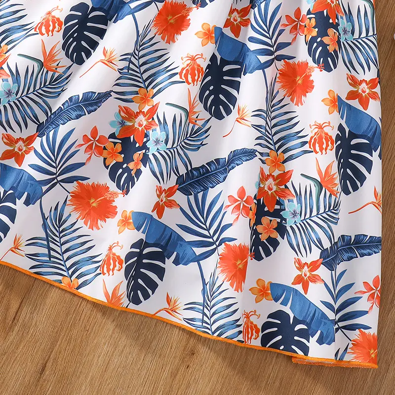 New Summer Fashion Orange Short Sleeve Top & Printed Skirt For Girls Floral Printed Stylish Vacation Party Dress Daily Casual