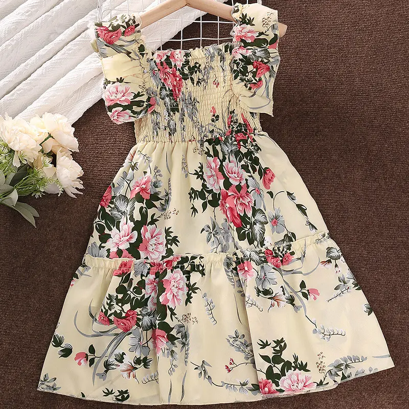 Summer Girl's Long Skirt Polyester Square Collar Suspender Sleeveless Lace Play Smocking A-line Print Dress Pleated Comfortable