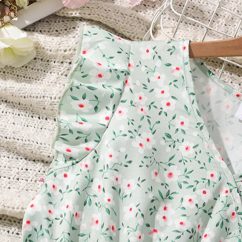 Light Green Ditsy V-Neck Belted Irregular-Hem A-line Dress Trendy Girls Dress Summer Stylish Party Dress Festival Outgoing Dress