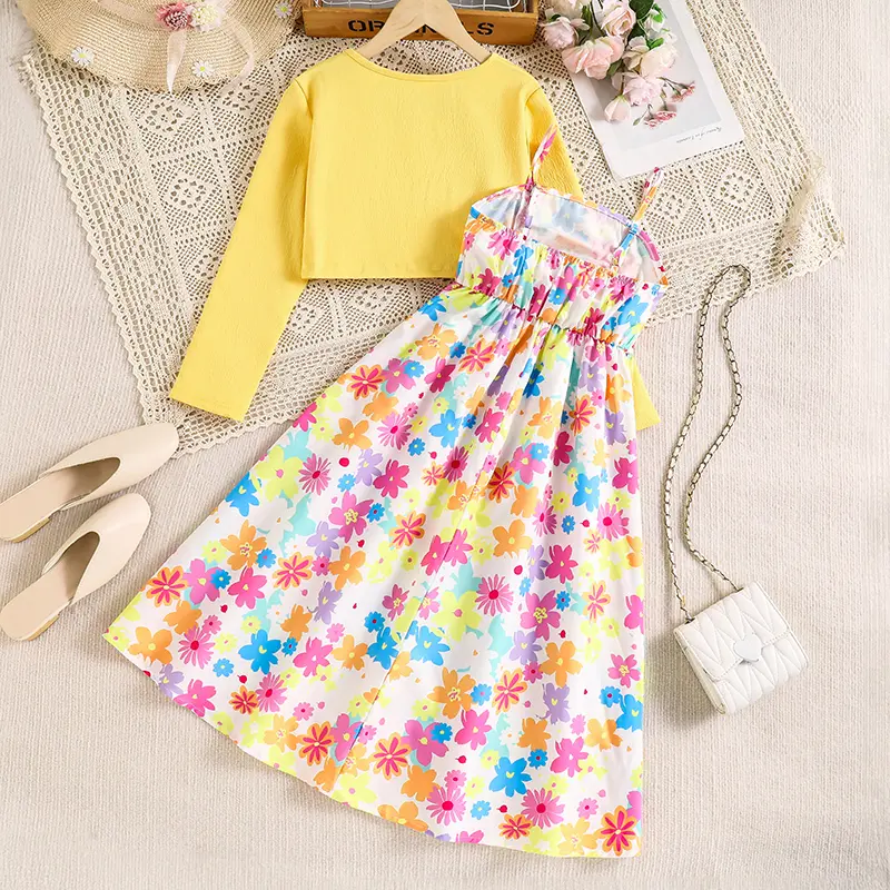 2025 New 2PCS Kids Clothing Solid Color Yellow Coat & Print Sling A-Line Dress For Girls 8-12 Years Sweet Style Vacation Set