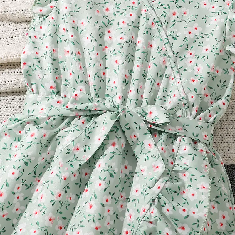 Light Green Ditsy V-Neck Belted Irregular-Hem A-line Dress Trendy Girls Dress Summer Stylish Party Dress Festival Outgoing Dress