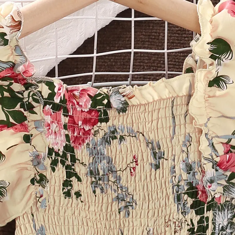 Summer Girl's Long Skirt Polyester Square Collar Suspender Sleeveless Lace Play Smocking A-line Print Dress Pleated Comfortable