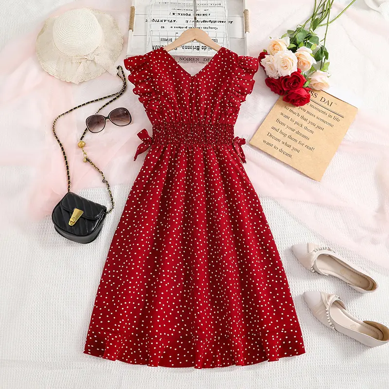 Girl's Dress Summer 8-12Elegant V-NeckCap sleevesElasticated waistPeplum hemSweetly cute Valentine's Day