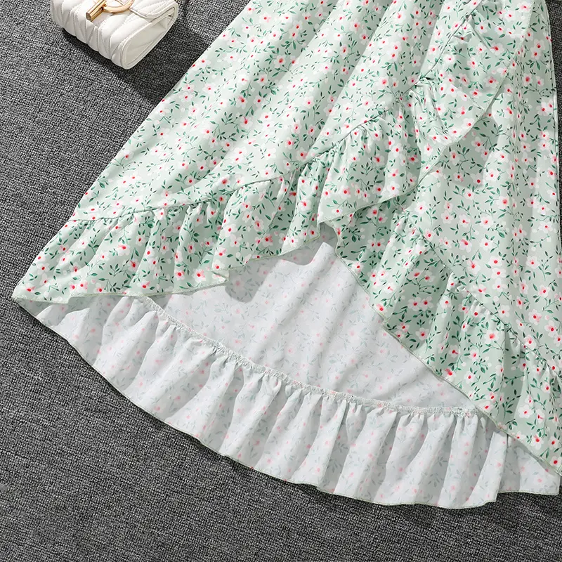 Light Green Ditsy V-Neck Belted Irregular-Hem A-line Dress Trendy Girls Dress Summer Stylish Party Dress Festival Outgoing Dress