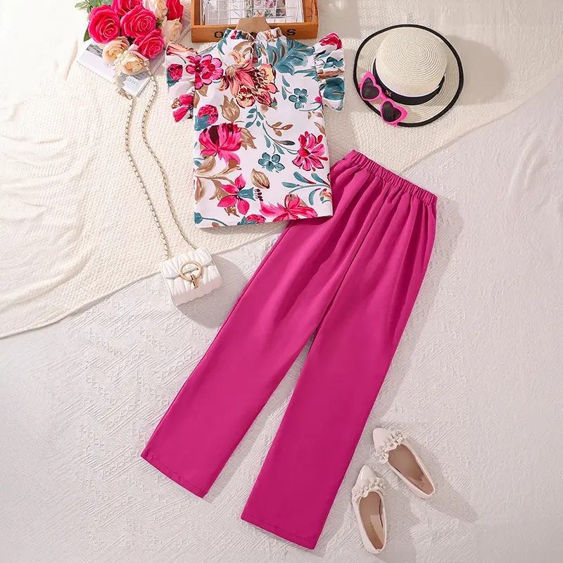 Kids Clothing Sets For Girls Sleeveless Flower Print Top And Solid Color Pants Stylish Girls Vacation Holiday Outfits Kids Suits