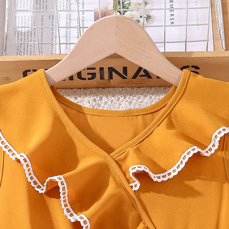 Dress For Girls Yellow Sleeveless Diagonal Lace Dress & Belt Elegant Children  For 8-12 Years Birthday Party Daily Clothes