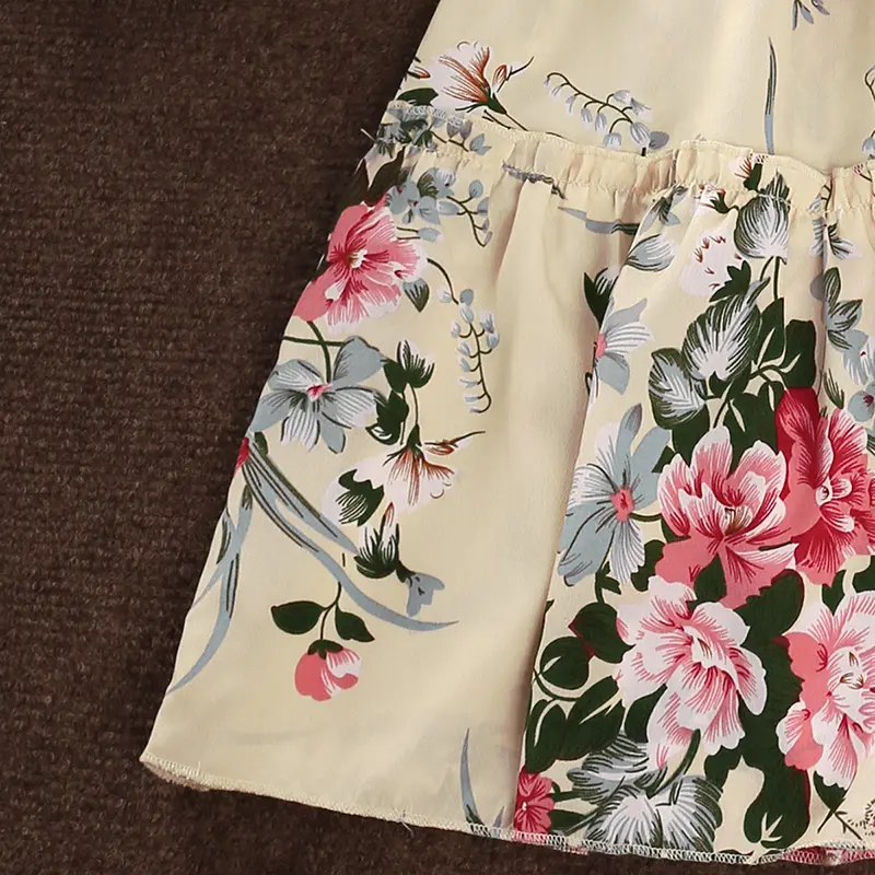 Summer Girl's Long Skirt Polyester Square Collar Suspender Sleeveless Lace Play Smocking A-line Print Dress Pleated Comfortable