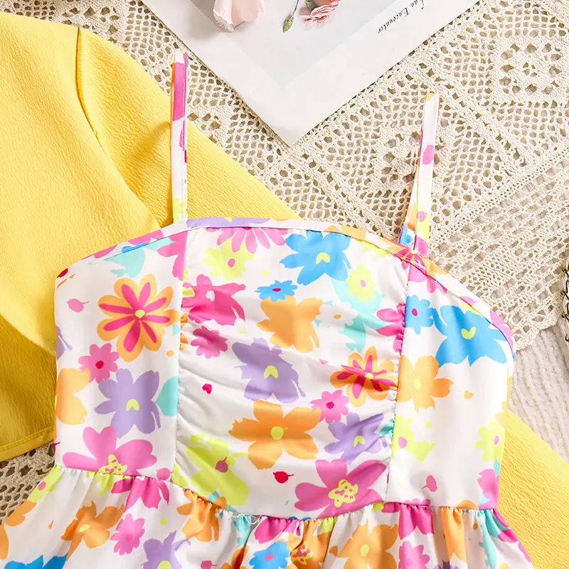 2025 New 2PCS Kids Clothing Solid Color Yellow Coat & Print Sling A-Line Dress For Girls 8-12 Years Sweet Style Vacation Set
