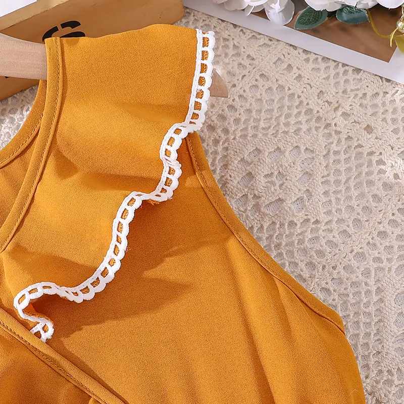 Dress For Girls Yellow Sleeveless Diagonal Lace Dress & Belt Elegant Children  For 8-12 Years Birthday Party Daily Clothes