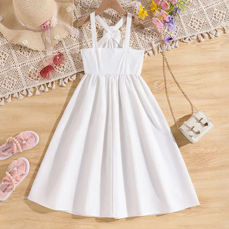 White Dress For Girls 8-12 Years Rose Decor Sleeveless Halter Dress Dating Communion Wedding Party Dress Tween Girls Dress