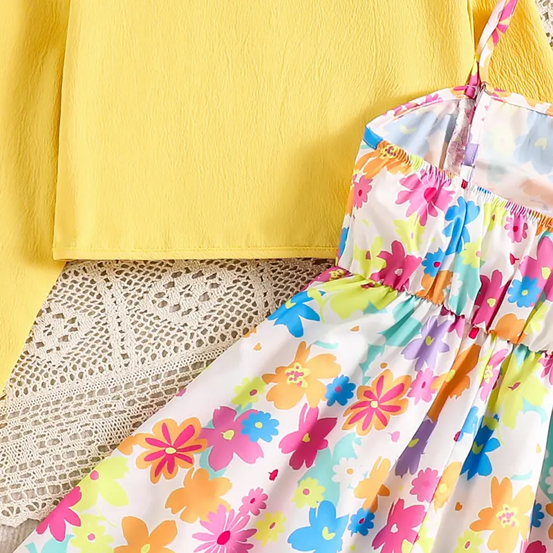 2025 New 2PCS Kids Clothing Solid Color Yellow Coat & Print Sling A-Line Dress For Girls 8-12 Years Sweet Style Vacation Set