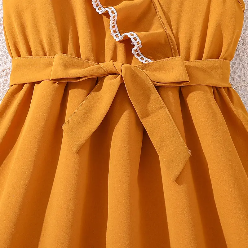 Dress For Girls Yellow Sleeveless Diagonal Lace Dress & Belt Elegant Children  For 8-12 Years Birthday Party Daily Clothes