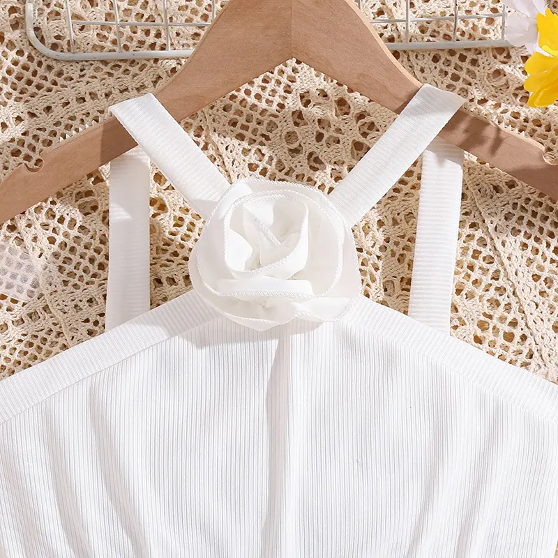 White Dress For Girls 8-12 Years Rose Decor Sleeveless Halter Dress Dating Communion Wedding Party Dress Tween Girls Dress