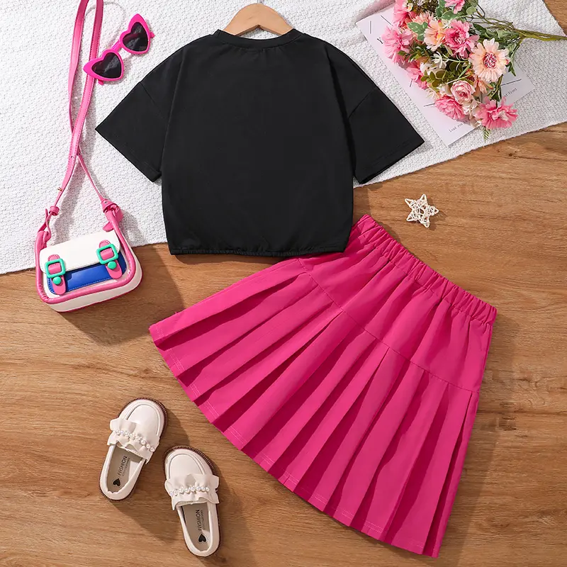 2024 New Children's Fashion Clothes Sets For Kids Girl Black Smiley T-shirt And Rose Red Pleated Skirt High Quality Korean Style