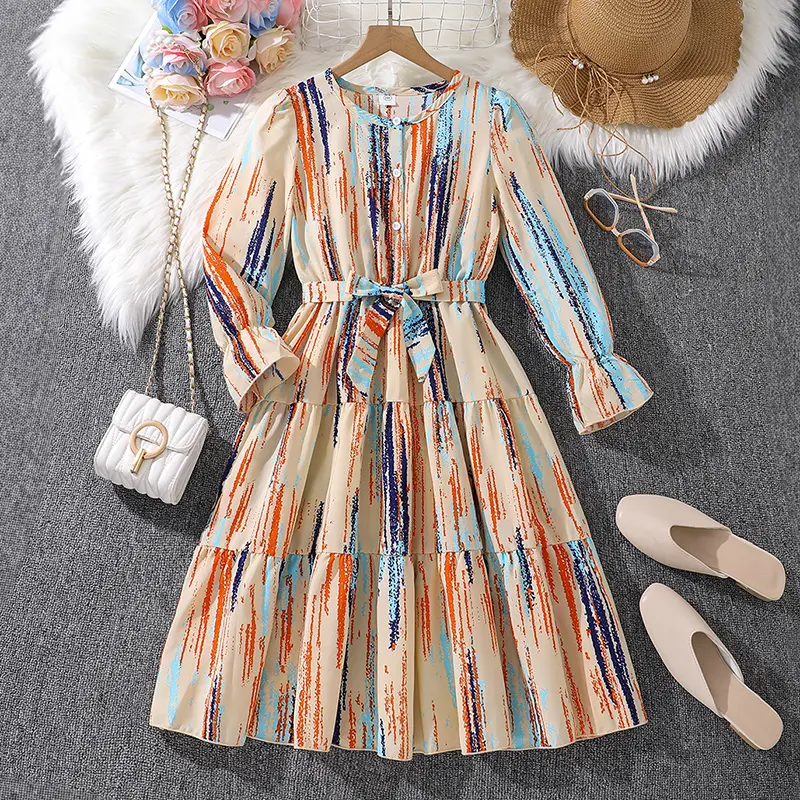 Autumn Children Dress For 8-12 Years Girls Mixed-Color Printed Dress With Belt Vintage And Elegant Style Birthday Party Costume