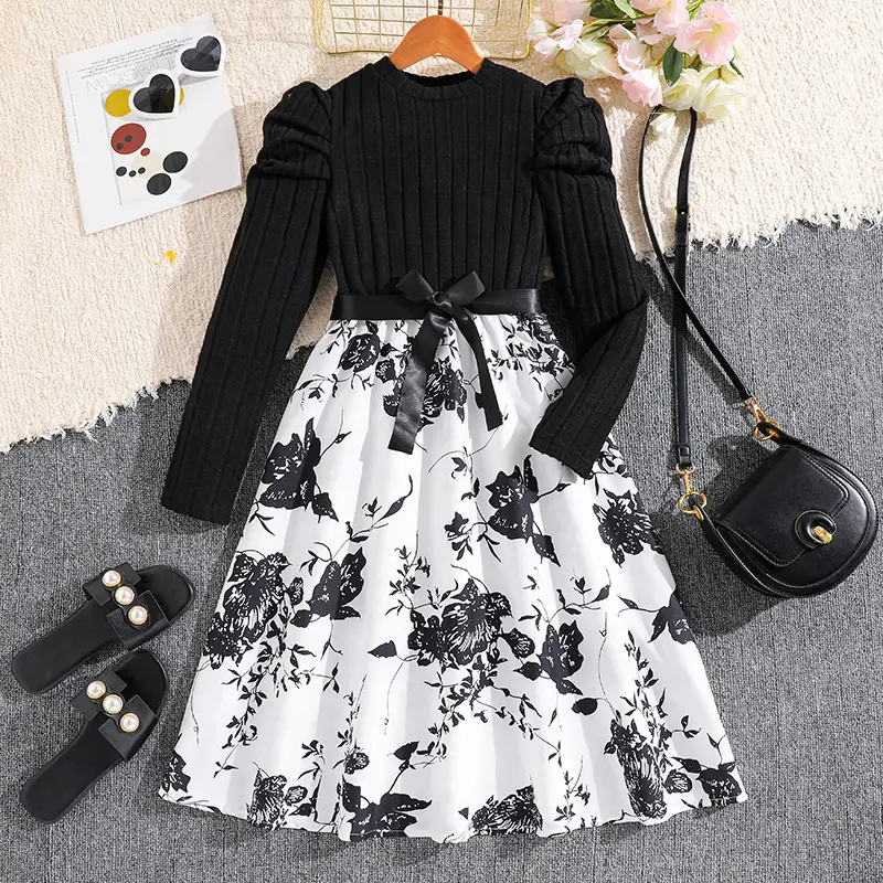 Children's Spring Autumn Dress For 8-12 Years Girls Black Long-Sleeved Printed Dress Elegant Causal Style Birthday Party Clothes