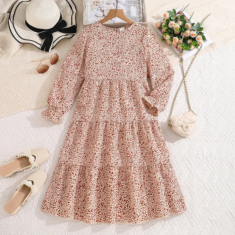 Kids Dress For Girls Beige Pattern Long-Sleeved Dress Classic Design Brief Gentle And Generous Style Children Birthday Clothes