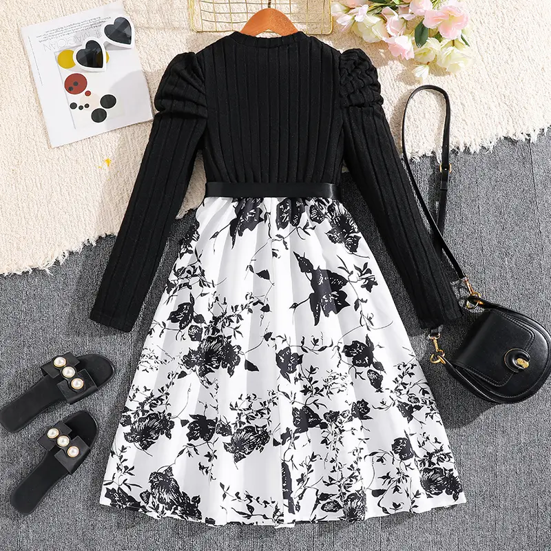 Children's Spring Autumn Dress For 8-12 Years Girls Black Long-Sleeved Printed Dress Elegant Causal Style Birthday Party Clothes