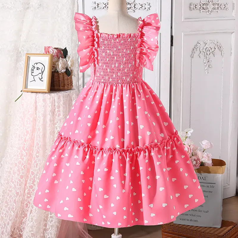 Kids Princess Dress Pink Girls Wing-Sleeve Square Collar White Heart A-line Dress Sweet Style Adorable Party Wedding Gown