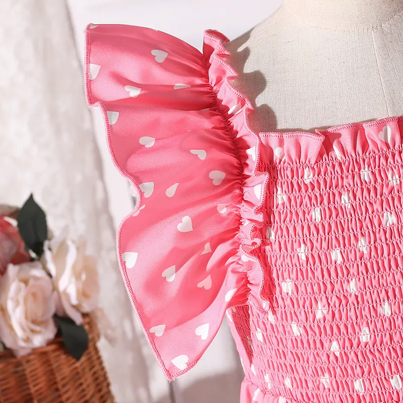 Kids Princess Dress Pink Girls Wing-Sleeve Square Collar White Heart A-line Dress Sweet Style Adorable Party Wedding Gown