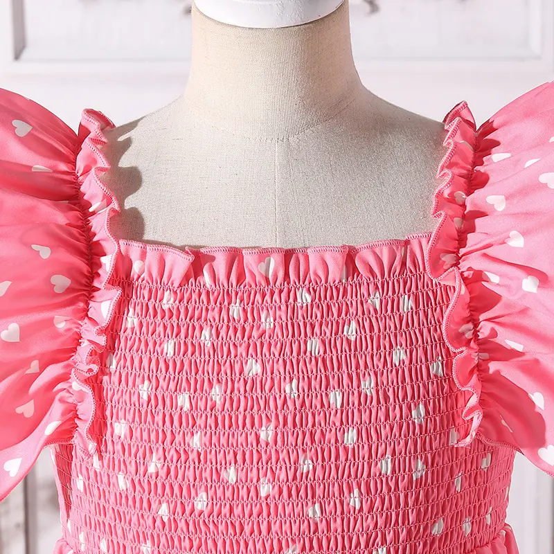 Kids Princess Dress Pink Girls Wing-Sleeve Square Collar White Heart A-line Dress Sweet Style Adorable Party Wedding Gown