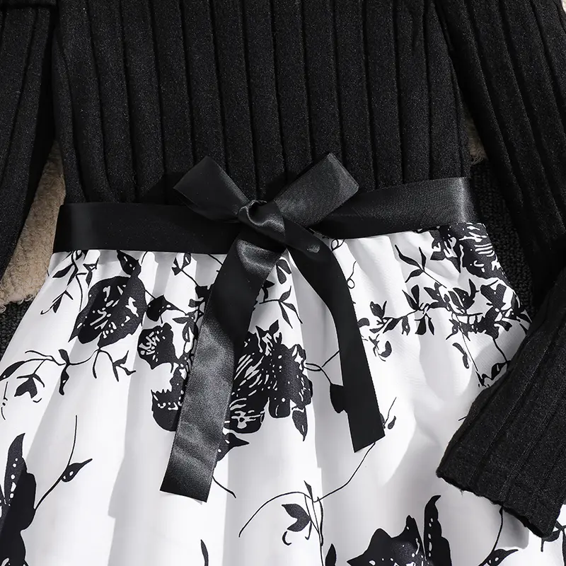 Children's Spring Autumn Dress For 8-12 Years Girls Black Long-Sleeved Printed Dress Elegant Causal Style Birthday Party Clothes
