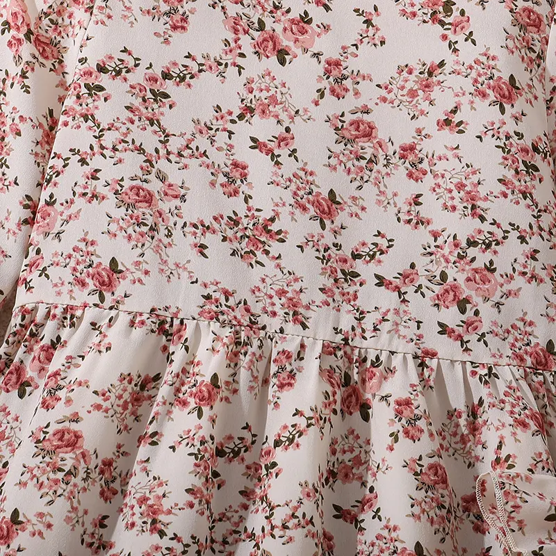 Kids Dress For Girls Beige Pattern Long-Sleeved Dress Classic Design Brief Gentle And Generous Style Children Birthday Clothes