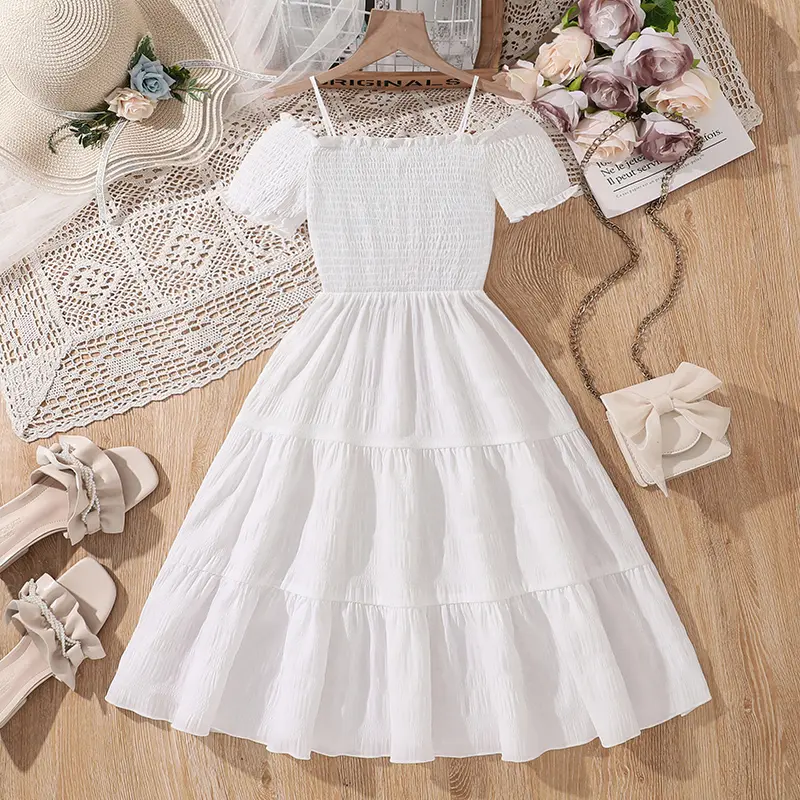 White Dress For Kids Girl Short sleeve Off-shoulder Shirred-Bodice Knee-Length Dress Communion Dating Wedding Party Dress