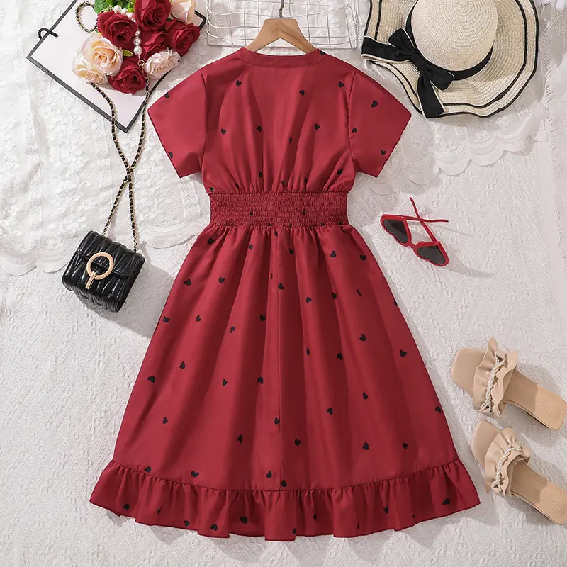Tween Girls Dress Polka Dotted Short Sleeve V-neck Dress 8-12 Years Preteen Girls Clothes Festival Party Dating Outgoing Communi