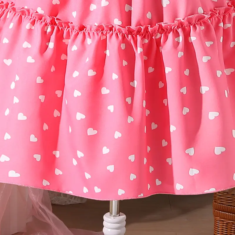 Kids Princess Dress Pink Girls Wing-Sleeve Square Collar White Heart A-line Dress Sweet Style Adorable Party Wedding Gown