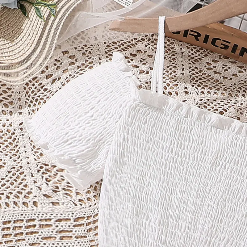 White Dress For Kids Girl Short sleeve Off-shoulder Shirred-Bodice Knee-Length Dress Communion Dating Wedding Party Dress